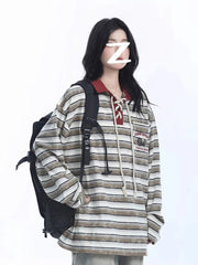 Retro Preppy Style Striped T Shirt Women Loose Long Sleeve American Retro Tees Fall New Letter Embroidery Lace Up Patchwork Tops voguable
