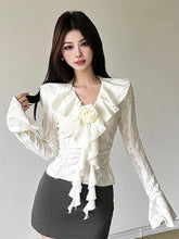 3D Floral Ruffles Y2K T Shirts Women Slim Long Sleeve Hole Gothic Tops Streetwear Harajuku Vintage Lady V Neck Design Tees voguable