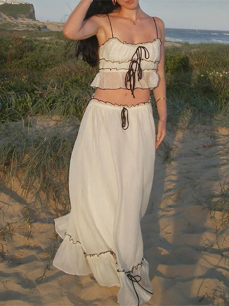 Ruffle Bandage Mesh Dress Sets For Women Lace See Through Crop Tops Ladies Holiday Elegant Skirt Suits Womens Outfits New voguable