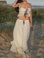 Ruffle Bandage Mesh Dress Sets For Women Lace See Through Crop Tops Ladies Holiday Elegant Skirt Suits Womens Outfits New voguable