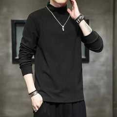 Autumn Winter New Fashion Half High Collar Long Sleeve Pullovers Men's Clothing Solid Color Casual Bottoming Shirt Korean Tops