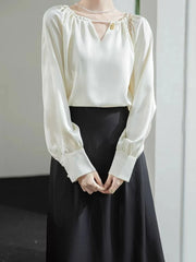 Voguable Elegant Women Satin Shirt Casual Hollow Out Long Sleeve Blouse Korean Simple Vintage Office Lady All Match Design Tops voguable