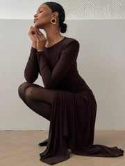 Mozision Long Sleeve Draped Ruched Sexy Maxi Dress For Women Gown Fashion Solid O Neck Bodycon Club Elegant Mini Dress Vestido voguable