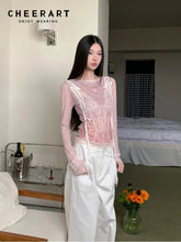 Designer Pink Long Sleeve T Shirt For Woman Fall 2025 Lace Print Funny Tees Cute Mesh Top Kawaii Clothes voguable