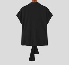 Men Shirt Lace Patchwork V Neck Short Sleeve Transparent Male Tops Streetwear Lace Up Sexy Shirts 2025 Men Clothing voguable