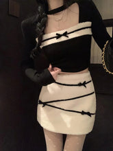 Voguable Women Sexy Two Piece Sets Fall Winter Long Sleeve Hollow Out Patchwork Cropped Tops Fashion Bow Striped Hotsweet Sexy Mini Skirt voguable