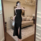 Voguable Women Sleeveless Yellow Camisole Dress Spring Summer Silk Satin Long Dress Slim Slit Sexy Party Dresses voguable