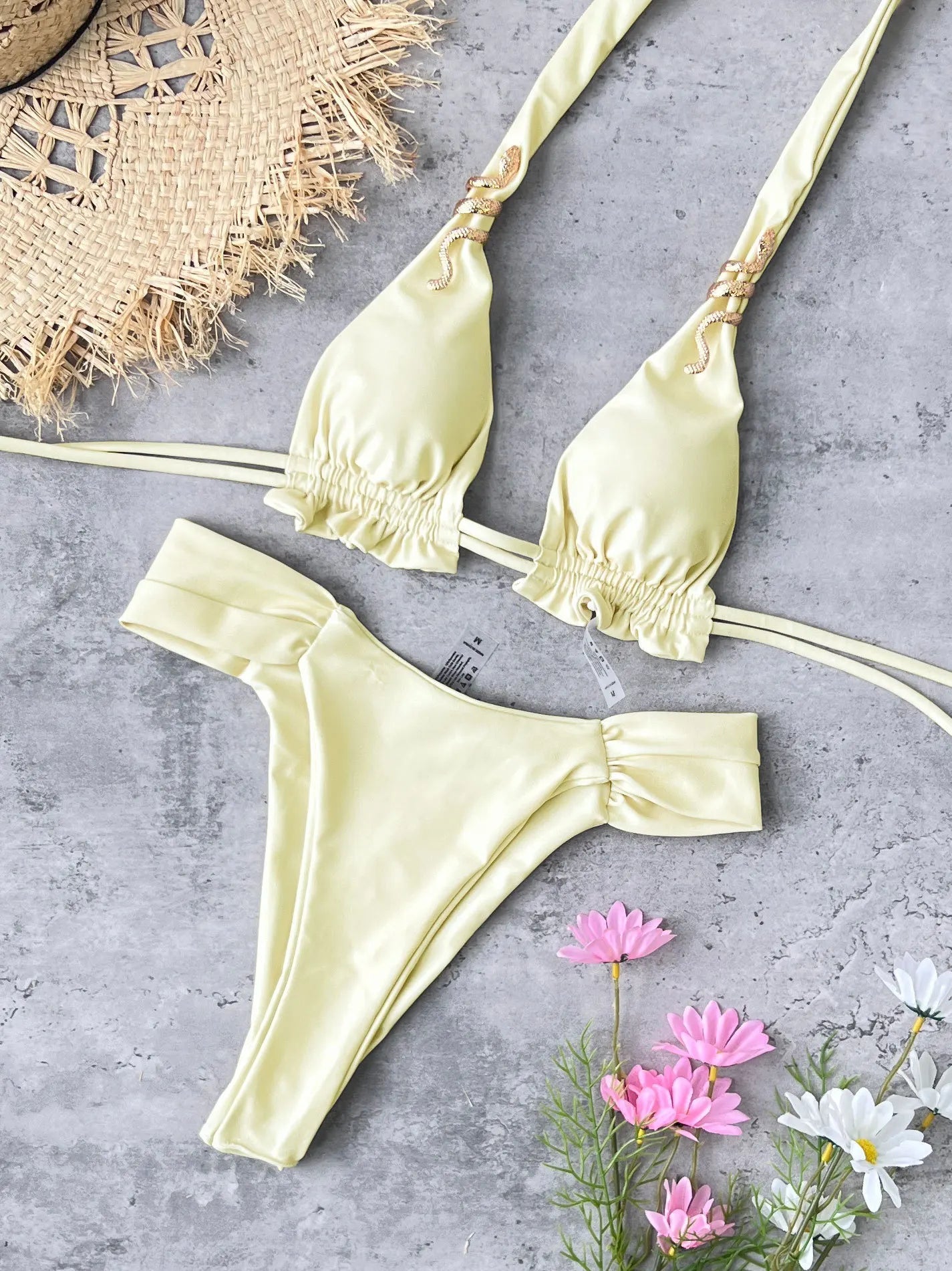 Voguable Sexy Triangle Bikini Women Yellow Metal 3D Snake Strap Push Up Pleate Thong Swimsuit Summer Bathing Suit Bandage Swimwear voguable
