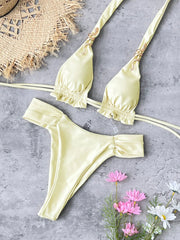 Voguable Sexy Triangle Bikini Women Yellow Metal 3D Snake Strap Push Up Pleate Thong Swimsuit Summer Bathing Suit Bandage Swimwear voguable