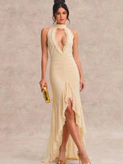 Halter Hollow Out Sexy Maxi Dress Women Gown Fashion Elegant Sleeveless Backless Bodycon Ruffle Club Party Dress New voguable