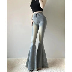 Hot Girl High Waist Tassel Women Fishtail Floor Mopping Jeans Spring Summer Slimming Elasticity Fashion Casual Denim Flare Pants voguable