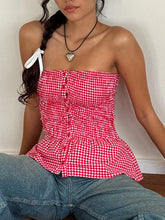 Y2k Red Gingham Crop Top Womean Sexy Strapless Ruffle Hem Sleeveless Button Cami Coquette Aesthetic Plaid Print Crop Top Summer voguable