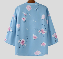 2025Men Shirt Flower Printing Stand Collar 3/4 Sleeve Oversize Men Clothing Streetwear Korean Style Casual Male Shirts voguable