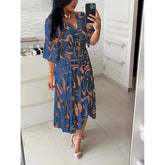 Voguable High Waist Printed Collar Lace up Dress Flared mid A-Line Skirt Commute Style Five Sleeve City Walk Single Piece Winter voguable