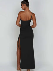 Drawstring High Slit Dress Women Sexy One Shoulder Slim Elastic Maxi Bodycon Party Pleated Vestidos Female Dresses voguable