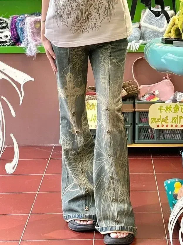 American Vintage High Waist High Street Style Blue Straight Jeans Pants Women's Wide Leg Print Baggy Y2K Retro Denim Trouser voguable