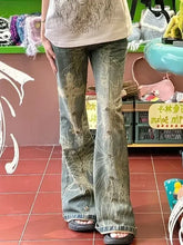 American Vintage High Waist High Street Style Blue Straight Jeans Pants Women's Wide Leg Print Baggy Y2K Retro Denim Trouser voguable