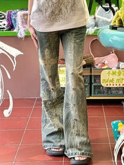 American Vintage High Waist High Street Style Blue Straight Jeans Pants Women's Wide Leg Print Baggy Y2K Retro Denim Trouser voguable