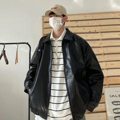 Autumn Street Trendy PU Leather Jacket Casual Textured Locomotive Zipper Turn-down Collar Solid Color Long Sleeve Men's Coats voguable