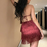 Voguable New Fashion Dresses Woman Satin Halter Neck Backless Tassel Fringe Bodycon Mini Skirts Sexy Party Evening Cocktail Dress voguable