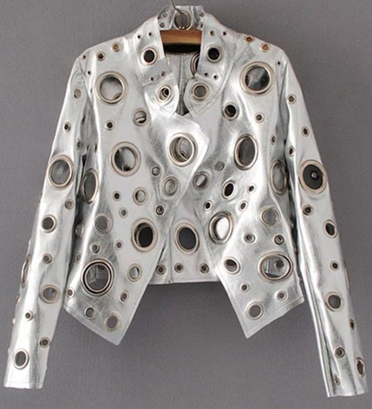 Runway Cut Out Short Faux Leather Jacket Golden Rivet Cool Stylish Designer Clothes Women European American Fashion voguable