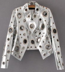 Runway Cut Out Short Faux Leather Jacket Golden Rivet Cool Stylish Designer Clothes Women European American Fashion voguable
