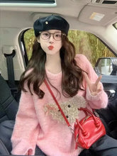 Cute Cartoon Pink Sweater Women Sweet Long Sleeve Knitted Kawaii Jumper Vintage Japan O Neck Lady Casual Lazy Wind Tops New voguable