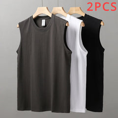 2pcs Solid Color Cotton Vest Men's White O-Neck Loose Sleeveless T-shirt Basic Models All-match Sports Running Tank Tops voguable