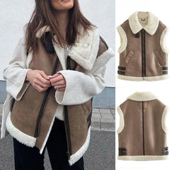 Women Fashion Patchwork Sleeveless Vest Waistcoat Loose Thicken Lapel Suede Fur Jacket Coat 2022 Autumn Winter Chic Tops Outwear voguable