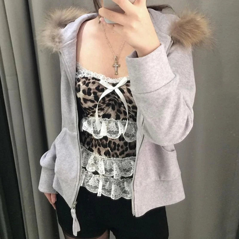 Voguable Y2K Leopard Print Lace Ruffle Patchwork Camis Brown Coquette Aesthetic Slim-fit Bow Tank Tops Cute Fairycore Vest Cute voguable