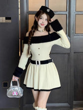 Voguable Women Knitted Mini Dress Autumn Hottie Slash Neck Patchwork Fashion Camisole Dresses Off Shoulder Belt Button Casual Vestidos voguable
