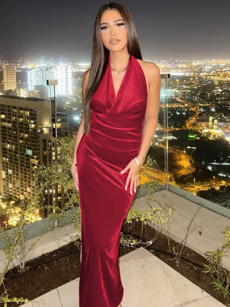 Halter Backless Sexy Maxi Dress For Women Gown Fashion Lace-up Deep V Neck Sleeveless Bodycon Split Long Dress Elegant voguable