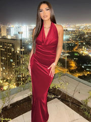 Halter Backless Sexy Maxi Dress For Women Gown Fashion Lace-up Deep V Neck Sleeveless Bodycon Split Long Dress Elegant voguable