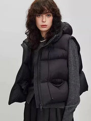 Vintage Y2K Puffy Vest Women Loose Sleeveless Warm Winter Cotton Vest Streetwear Casual Retro American Solid Hooded Vest voguable