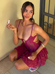 Lace Spaghetti Strap Sexy Mini Dress For Women Fashion Hollow Out Sleeveless Backless High Waist Ruffled Dress Elegant voguable