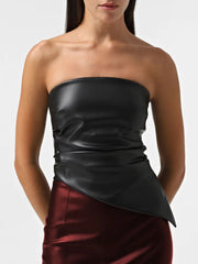 Mozision Off-shoulder Strapless PU Leather Sexy Tops Women Fashion Zipper Backless Sleeveless Ruched Irregular Club Crop Tops voguable
