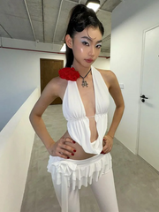 Voguable Solid Bow Lacing Patchwork Double Layer Ruffles Flare Pants Women Mid Rise Slim Trousers Hottie Y2K Fashion Streetwear voguable