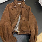 Voguable Women Brown Vintage Jacket Autumn Stand Collar Zipper Lace Up Korean Coats Long Sleeve Y2K Streetwear Pocket Hottie New Outwear voguable