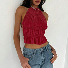 Tanks Summer Fashion Basics Shirring Sleeveless Halter Neck Casual Tanks For Women voguable