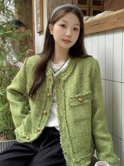 Sweet Green Tweed Jackets Women Vintage Long Sleeve Casual Coat Korean O Neck Fall Winter Retro All Match Elegant Outwear Tops voguable