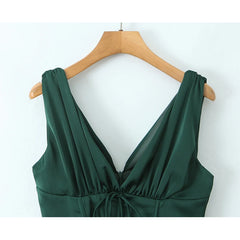 Summer Women High Quality Dark Green Satin Princess Tank Dress Lady V Neck Sleeveless Low Waist A-line Mini Dresses