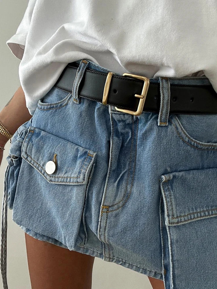 Safari Style Big Pockets Denim Skirt Sexy Slim Mid-Waisted Mini Skirts Women Summer Fashion Streetwear Ladies voguable
