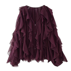 New Women Sexy Semi-sheer Ruffle Shirt Long Sleeve V Neck Front Button Spring Blouse Burgundy Blusas Mujer voguable