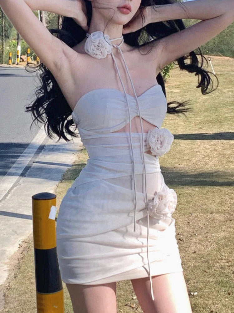 Voguable Summer Floral Sexy Elegant Dress Women Ruffled France Party Mini Dress Female Backless Korean Fashion Designer Fairy Dress voguable