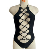 Voguable One Piece Bikini Women Sexy Cross Bandage Hollow Out Black Swimwear Halter Monokini Summer Backless Bathing Suit voguable