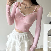 Voguable Sweet Lace Stitching V-neck Skinny Top Pink Coquette Aesthetic Slim-fit Long Sleeve Knitted T-shirts Cute Casual Tees voguable