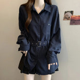 Voguable Autumn New Blue Striped Long-sleeved Women's Korean Style Waist Shirt Top voguable