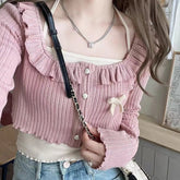Voguable Deeptown Kawail Cropped Knitted Cardigan Bow Slim Sweater Japanese Fashion Women's Aesthetic Knitwear Spring Cute Sweet Preppy voguable