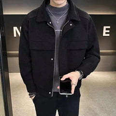 Korean Fashion Short Woolen Coat Men Loose Casual All-match Lapel Zipper High-end Men Clothing Woolen Jackets for Men Top M-3XL voguable