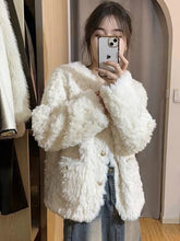 Winter Sweet Korean Faux Lamb Coat Women Vintage Warm Thick Long Sleeve Cute Jacket Casual O Neck Pockets Elegant White Tops New voguable